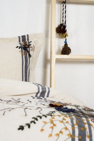 Ecocotton Charla Battal Boy Nevresim Takımı %100 Organik Pamuk Kenevir Karışımlı Ekru-lacivert 240x220 Cm-1207 Ekru