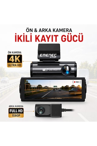 Emenec Eak-4100 4k Ultra Hd Akıllı Çift Araç İçi Kameras Seti - Türkçe Menü Ve Uygulama, Gps, Wi-fi, Park Modu + 64gb Kart