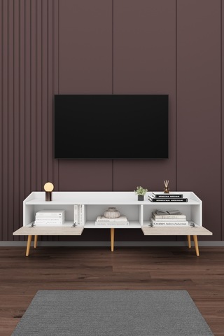 Asra Trend Tv Ünitesi Tv Sehpası T-28 %100 MDF Ayaklı Modern Medya Ünitesi Beyaz - Sidon