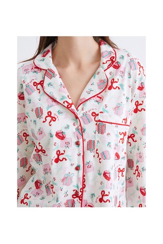 Lcw Dream Ekru Gömlek Yaka Yılbaşı Temalı Kadın Pijama Takımı