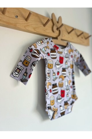 Key Kıds Nutella Kruvasan Desen Lila %100 Organik Pamuklu Unisex Bebek Body Zıbın