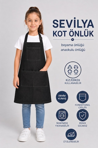 Çocuk Kot Mutfak Önlüğü Boyama Önlüğü Resim Önlüğü Anaokulu Önlüğü Siyah