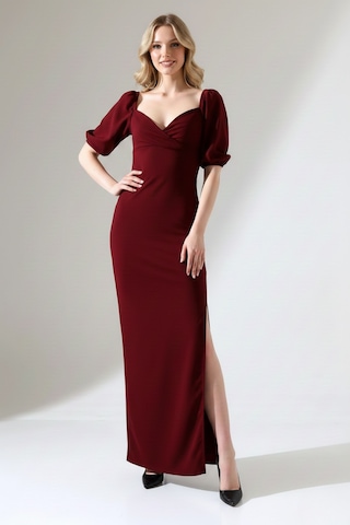 Defymoda Kadın Yırtmaçlı Şık Tasarım Krep Elbise Bordo