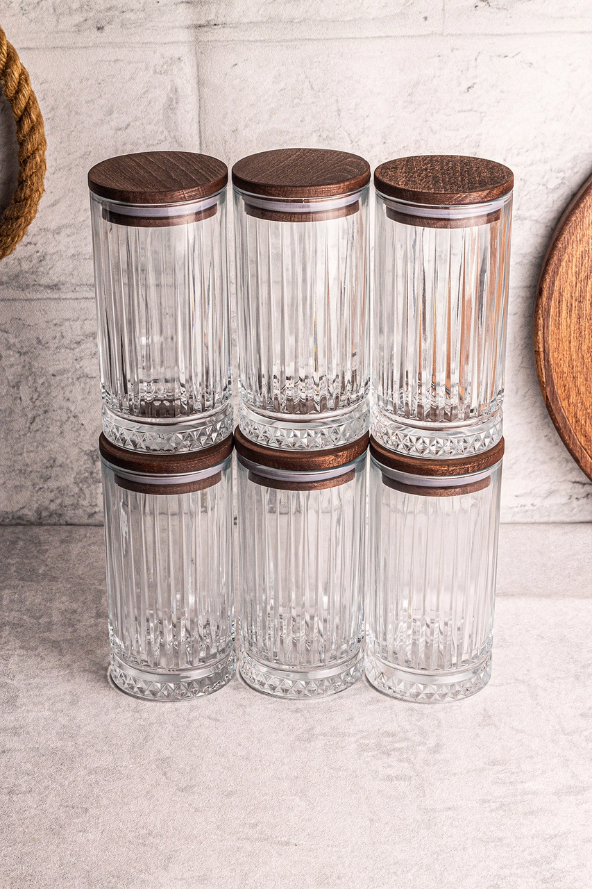 Mira 6'lı Ahşap Vakumlu Kapaklı Cam Saklama Kabı 450 Ml 6 Adet Ahşap