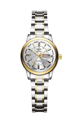 Yashıdun 5063 Çelik Kayış Şık Çift Kuvars Saat Aydınlık Takvim Bilek Saati - Beyaz Kadran / Gümüş+altın Kayış / Kadın