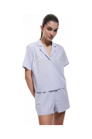 Koton Baskılı Rahat Kalıp Kısa Kollu Çizgili Gömlek Yaka Pijama Üstü Mavi Çizgili 5slk50031mw Mavi Çizgili Çok Renkli
