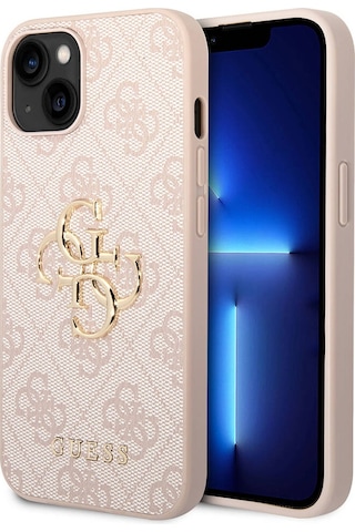 Apple Uyumlu iPhone 15 Plus Kılıf Guess Lisanslı Pu Deri Yazı Ve 4g Metal Logolu Desenli Kapak Pembe