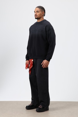 Vamos Yıkamalı Taş Detaylı Oversize Sweatshirt Siyah