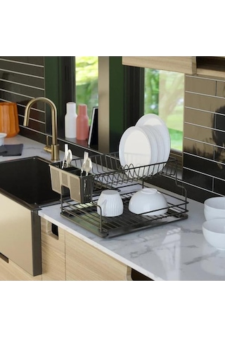 Geseus Home İki Katlı Tabaklık Bulaşıklık Krom Siyah KB005s