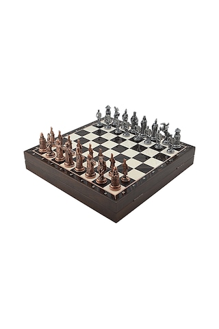 Gifthome Büyük Boy Metal Osmanlı-bizans Satranç Tk. Antik Ve Ceviz Desenli Sandıklı Mdf Tahtası 36x36 Cm.