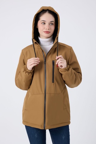 Kadın Taba İçi Kürklü Su Ve Rüzgar Geçirmez Kapüşonlu Kışlık Mont & Kaban & Parka Taba