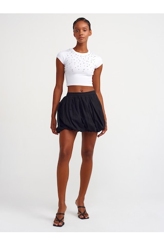 Dilvin Parlak Taşlı Crop Top Beyaz