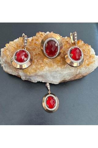 Aysesa Altın Görünümlü Yakut Zirkon Kadın Gümüş Set 2küpe+kolye+yüzük