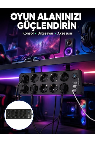 Usb Ve Type-c Çıkışlı 10'lu Akım Korumalı Çoklu Priz Güç Dağıtıcı 1