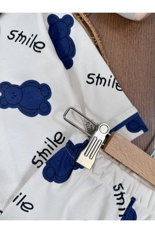 Kruvaze Yaka %100 Pamuk Smile Baskılı Relaxed Mevsimlik Pijama Takımı 4bb2 Beyaz