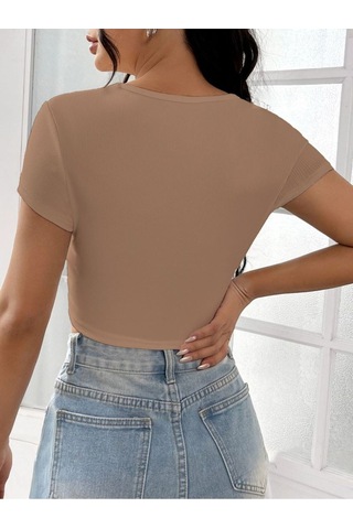 Rooted-kadın Kare & Havuz Yaka Crop T-shirt ,likralı Fitilli Kaşkorse Kumaş Bej