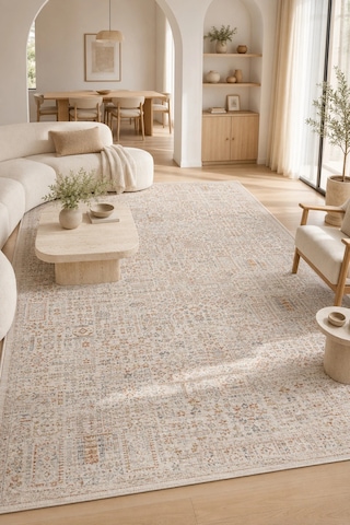 Sahra Collection Modern Vintage Desenli Eskitme Dokuma Yumuşak Salon Halısı Turuncu - Krem