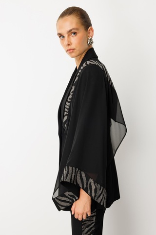 Moda İlgi Kadın Şifon Pelerin Detaylı Taş İşlemeli Ceket 0065 Siyah Siyah