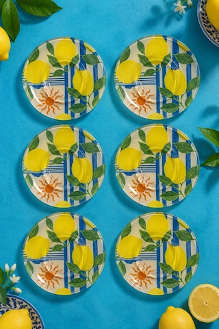 6 Lı Cam Çay Tabağı Limon Desenli, Mavi Çizgili 12 Cm 6 Adet Çay Tabak Sarı