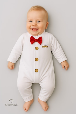 Babyden's Mini Boss Papyonlu Erkek Bebek Tulum Düğmeli Tasarım, Uzun Kollu Yenidoğan Tulumu Kırmızı