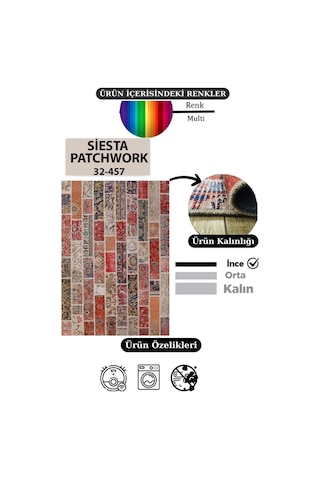 Çam Halı Siesta Patchwork 32-457 Etnik Eskitme Desenli Dokuma Tabanlı Yıkanabilir Şönil Salon Ve Oda Halısı Multi 24