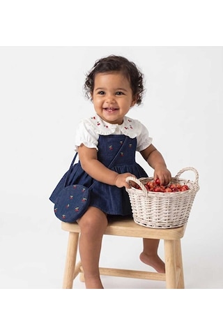 Ministok Cherry Nakış İşlemeli Gömlekli Çanta Aksesuarlı Kız Bebek Romper Lacivert