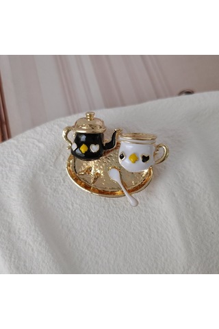 Lente Aksesuar Gold Detaylı Mini Çay Seti Broş-sevimli Çay Saati Yaka İğnesi Çok Renkli