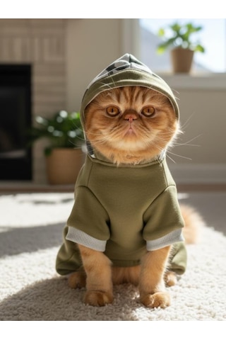 Kamuflaj Desenli Kedi Tulumu Kapüşonlu Pamuklu Polar Kumaş Haki Yeşil