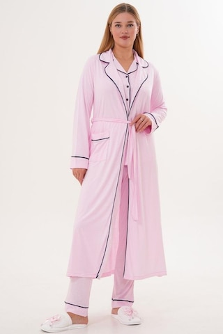 Mecit Pijama Mecit 6333 Pembe Kadın Sabahlıklı Boydan Düğmeli Pijama Takımı Pembe
