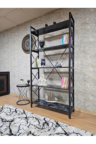 Siyah Boyalı Kitaplık - 5 Raflı Suntalem Lüks Kitaplık Siyah Merm Çok Renkli