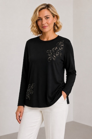 Bihan Store Kadın Bisiklet Yaka Yaprak Motifli Uzun Kollu Kadın Bluz Y26-1096 Siyah