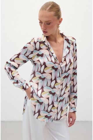 Sateen Desenli Uzun Gömlek - Kahve-136126 Kahve