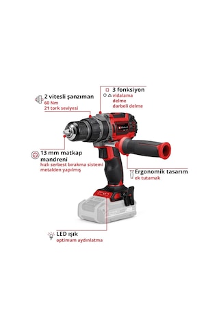 Einhell TP-CD 18/60 Li-ı Bl Solo Akülü Vidalama + 2x4AH Akü + 103 Parça Uç Seti Çanta Dahil HBCV0000AI6YHK