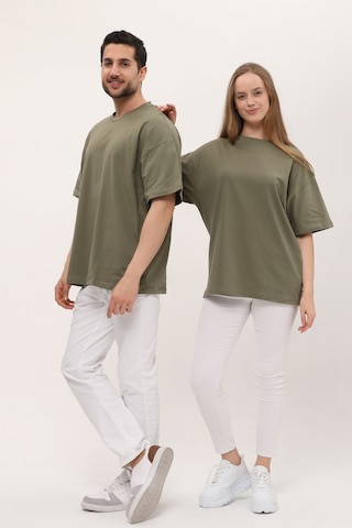 Unisex Haki Oversize Bol Kalıp T-shirt Çift Kombini Açık Haki