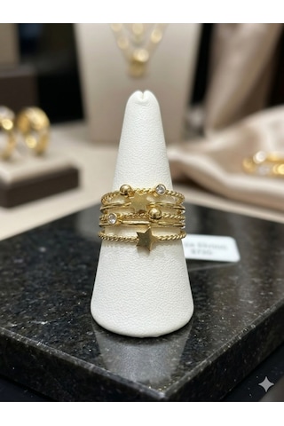 5'li Gold Renk Yıldızlı Ve Zirkon Taşlı Burgu Eklem Yüzüğü Seti Altın