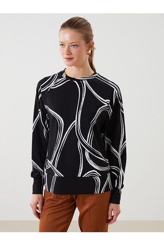 Lcwaıkıkı Classic Siyah Bisiklet Yaka Desenli Oversize Kadın Sweatshirt