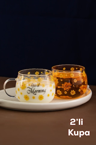 Porsima 2089 2li Borosilikat Isıya Ateşe Dayanıklı Cam Kulplu Çay Bardağı Kahve Bardak Kupa Sarı 400 Ml Şeffaf