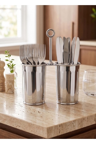 The Mia Krom Çift Bölmeli Kulplu Galvaniz Sunumluk 25 Cm Gümüş