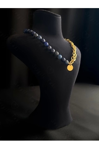 Lapis Lazuli Doğal Taş Kabartma Zincirli Gold Çelik Kolye Altın