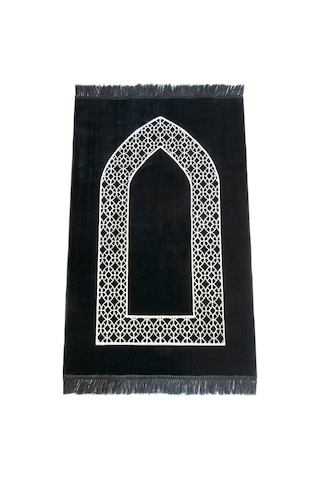 Mihrap Motifli Kadife Seccade Siyah Siyah