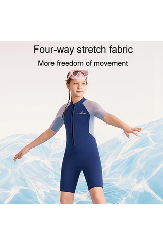 Dıve & Saıl 2.5mm Çocuklar Sıcak Kısa Kollu Tek Parça Wetsuit Gençlik Şnorkel Sörf Elbisesi Koyu Mavi