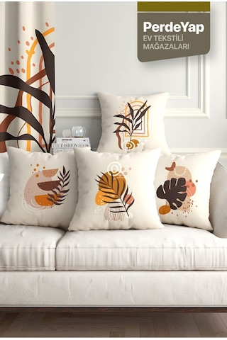 Bohem Duvar Tabloları Yapraklar Desenli 4lü Dijital Baskılı Kırlent Kılıfı 43 X 43 Cm Krem 044 Krem-hardal