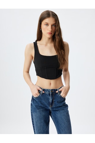 Koton Crop Korse Görünümlü Üst Kolsuz Kare Yaka Siyah 5wak10254ek Siyah