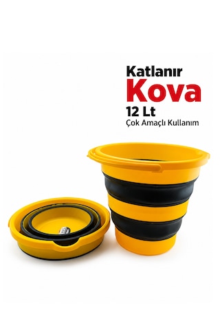 Katlanabilir Silikon Kova - Taşınabilir Su Kamp Piknik Temizlik Kovası 12 Lt Sarı - Siyah