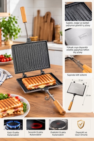 Porsima Çift Taraflı Ocak Üstü Tost Makinesi 17x23 Cm Granit İç Yüzeyli Ahşap Saplı Klasik Tost Tavası Teflon