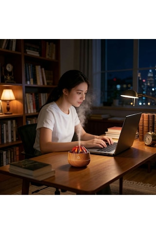 2 Adet Şömine Tasarımlı Usb Lı Led Aydınlatmalı Hava Nemlendirici,aromaterapik Hava Difüzörü,buhurdanlık,,sis Spreyli Gece Lambası, 300 Ml 10x10x10,3cm Açık Kahverengi