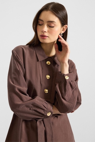 Olcay Metal Düğmeli Soft Kumaş Tunik Pantolon İkili Takım Kahve 9397-tk