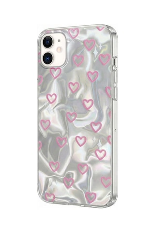 Apple İphone 12 Uyumlu Kılıf Zebana Pink Heart Silikon Kılıf Pembe