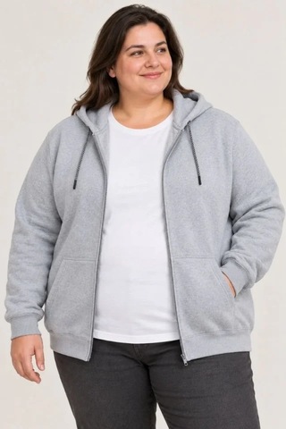 Zennamoda Battal Büyük Beden Üç İplik İçi Şardonlu Kapüşonlu Tam Fermuarlı Kışlık Sweatshirt - Gri