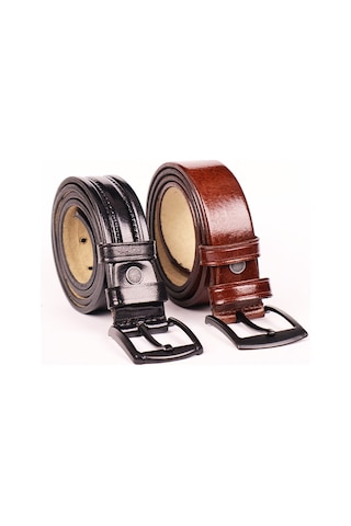 Hakiki Deri Köseli Erkek Kemeri 3.2 CM Kahverengi ve Siyah Kahverengi - Siyah